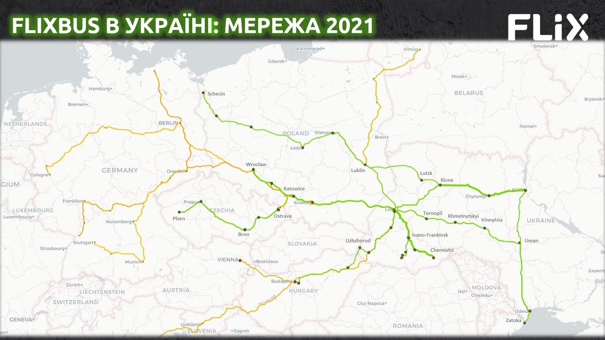 FlixbusUA's tweet photo. Наша мережа за два роки: 🚌16 маршрутів, половина яких є брендованими, більше 📍80 міст 🌏7 країн у прямому сполученні з Україною, та 🇺🇦 22 українських міст у мережі #FlixLove #нам2роки #ПодорожуйУкраїною #FlixBus https://t.co/aBsx1XQM68