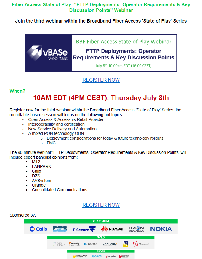 Laboratoire_LAN's tweet photo. 📢 Register now to the Fiber Access State of Play “FTTP Deployments: Operator Requirements &amp; Key Discussion Points” Webinar: https://t.co/CQVMzOMvSa. Thursday July 8th, 10AM EDT (4PM CEST). @MT2ftth @Laboratoire_LAN @CalixHQ @dasannetworks @AVSystemCom @orange @Broadband_Forum https://t.co/1eRvFRkLMo