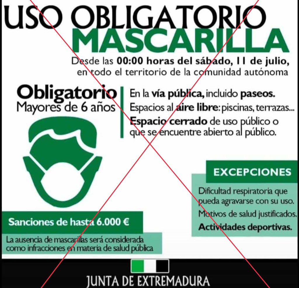 SergioParra97's tweet photo. Hoy circula por whatsapp como si fuera algo de actualidad la imagen de la Junta de #Extremadura con la que anunciaron en 2020 que la mascarilla pasaba a ser obligatoria desde el sábado 11 de julio. Algo que se convierte en un 🔴BULO🔴 en pleno 2021. https://t.co/pK9tydB42N