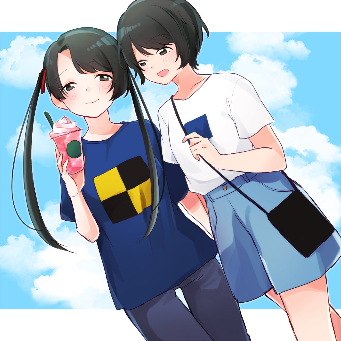 mikuma (kancolle) ,mogami (kancolle) 2girls multiple girls twintails short hair shirt black hair long hair  illustration images