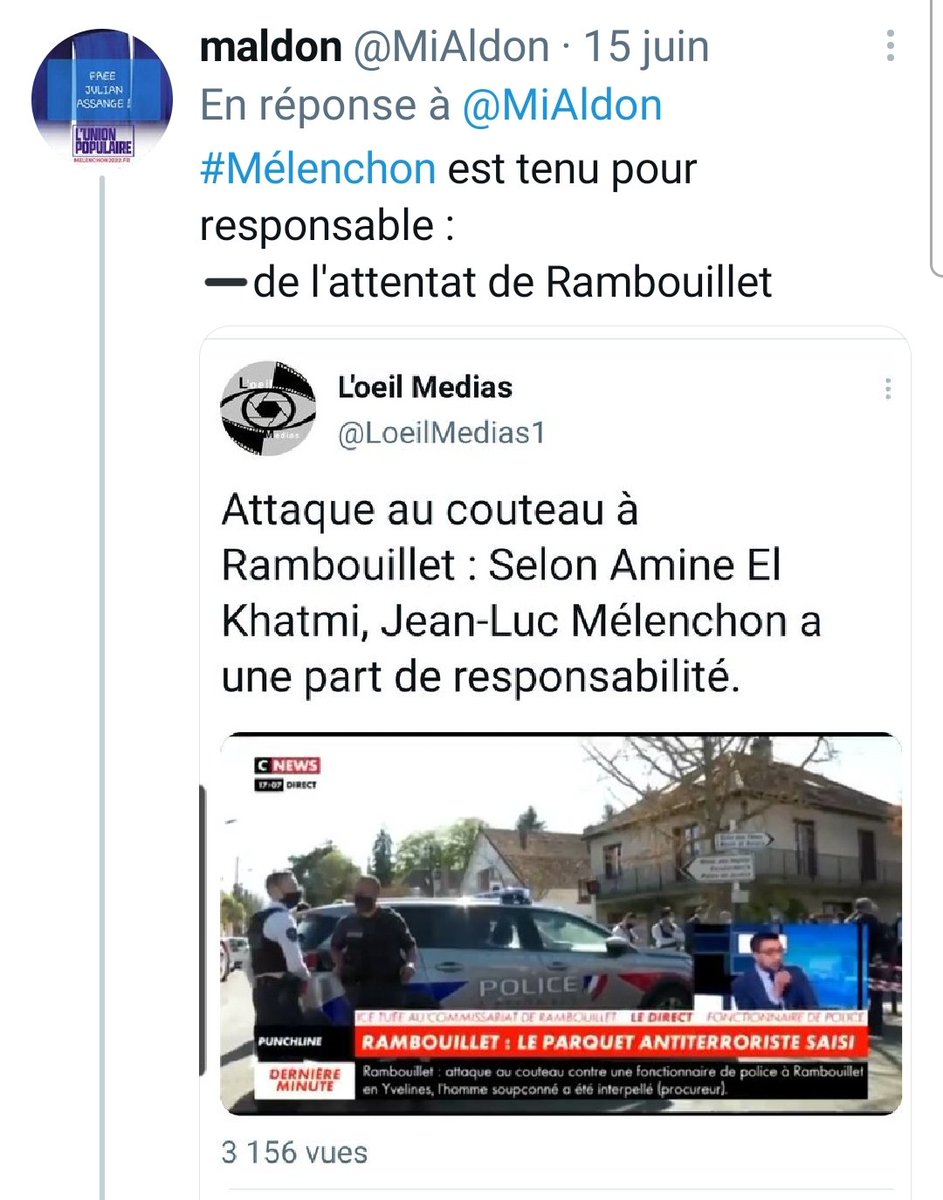 MiAldon's tweet photo. @franceinfo #MelenchonComplotiste
Responsable de l'attaque terroriste de Rambouillet.
@CaroleDelga https://t.co/WT4O5P1lHh