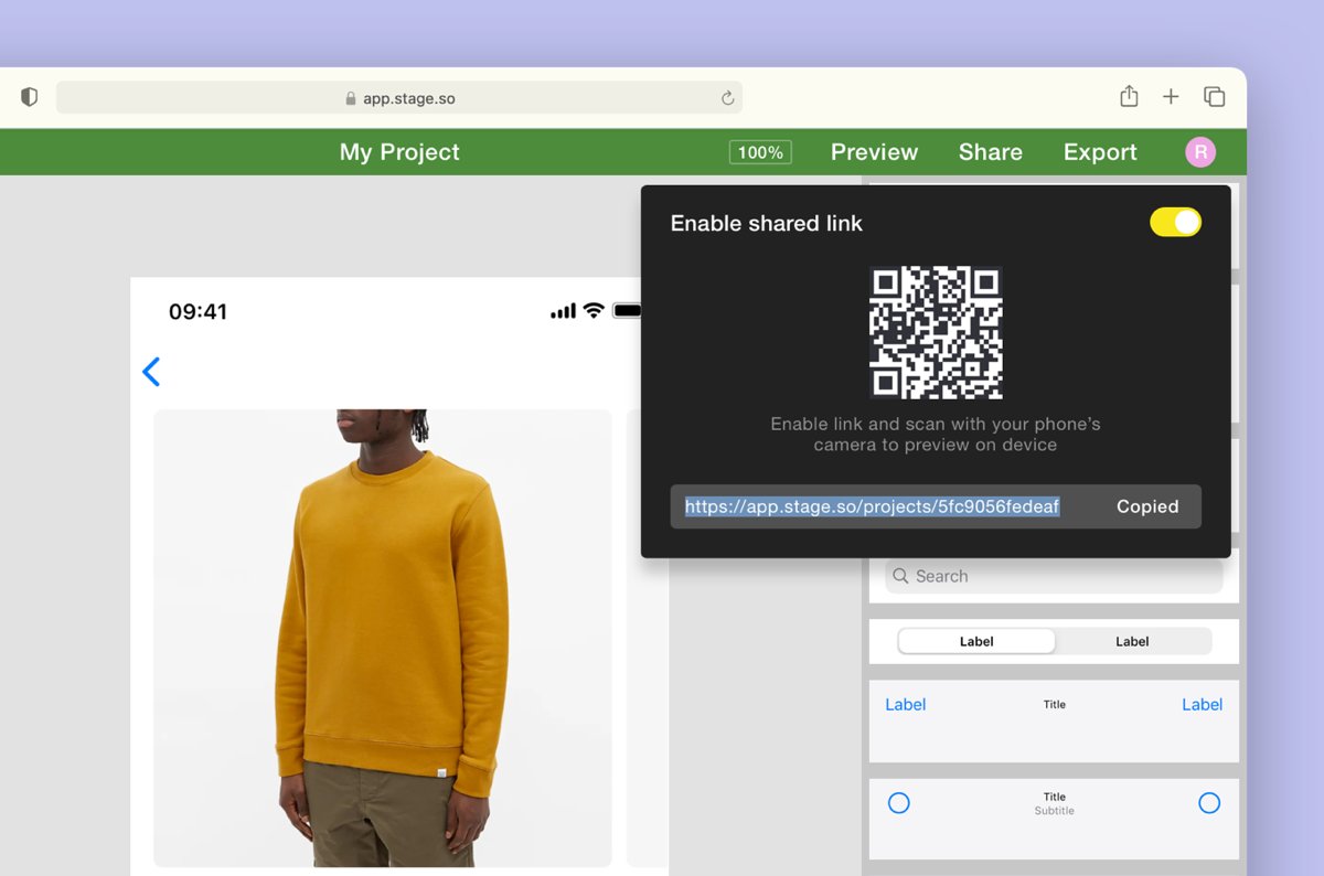 Introducing mobile preview. You can now preview and test your projects right on a mobile device like a real app. Enable shared link and scan QR code with your phone's camera to preview and test your project on a mobile device.