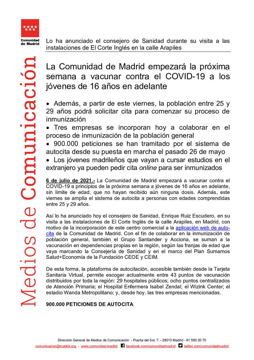 SaludMadrid's tweet photo. La @ComunidadMadrid empezará la próxima semana a vacunar contra el #COVID19 a los jóvenes de 16 años en adelante

Pide tu cita aquí 👉https://t.co/9UbmVbiLJ6

#coronavirusmadrid #Madrid #VacunaCOVID19 https://t.co/pmNTj6tWmm