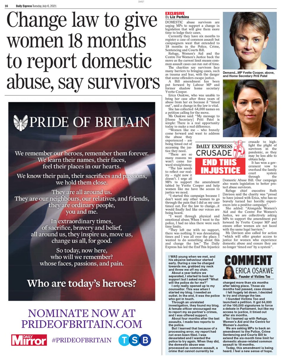 Read my #exclusive in today's <a href="/Daily_Express/">Daily Express</a> on the call by #domesticabuse survivors to give them 18 months to report offenders for #commonassault in the new Police, Crime, Sentencing and Courts Bill <a href="/RefugeCharity/">Refuge</a> @Dontlookback198 <a href="/RachelRileyRR/">Rachel Riley MBE 💙</a> @sammywoodhouse1 <a href="/Victoria_Hudson/">Victoria Hudson #JusticeForFCchildren #GetMHome</a>
