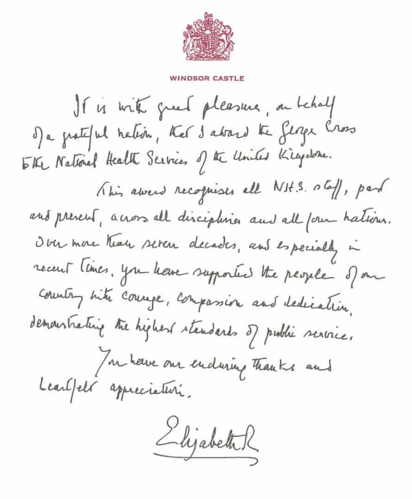 jadey31211303's tweet photo. Her Majesty the Queen has awarded the NHS with the George Cross Award

#RecognitionandReward

‘This award recognises acts of the greatest heroism or the most courage in circumstances of extreme danger’

#NHSheroes 
#Covid19UK https://t.co/W93e9yZgoT
