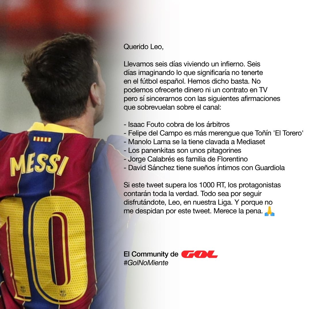 Gol's tweet photo. Carta abierta a Leo Messi #GolNoMiente https://t.co/pwoIick6JW