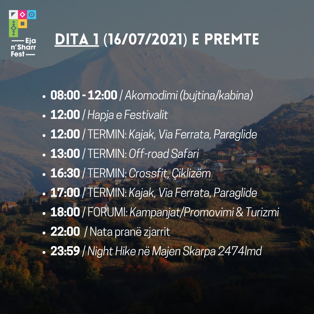 gotosharrfest's tweet photo. 3 DITË, 15+ AKTIVITETE, 3 FORUME, NË 1600M lmd etj etj...
Një super-fundjavë në Malet e Sharrit.
https://t.co/Q3zneSum67

#gotosharrfest #event #festival #prizren #kosova https://t.co/jbzkQofl8s