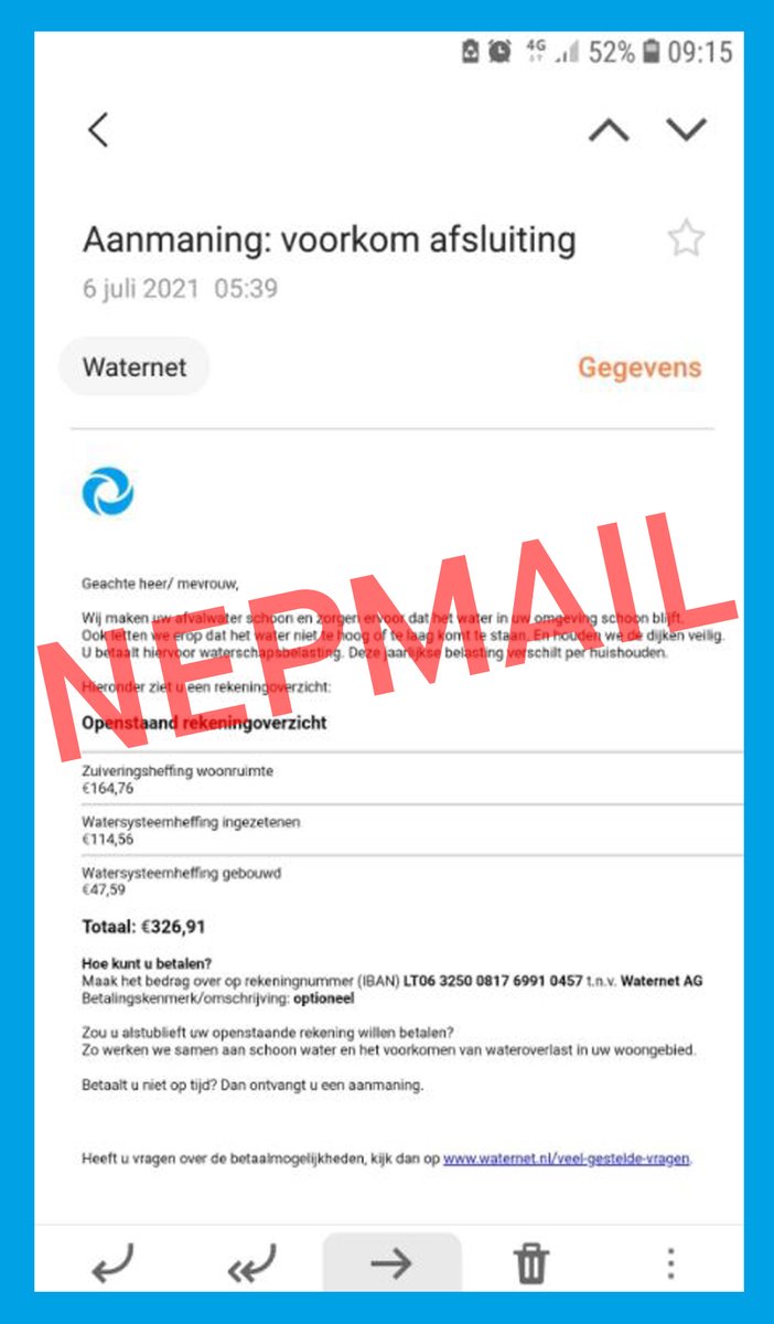 ⚠️ LET OP ⚠️

Vanuit noreply@factuurdirect.net worden nepmails verstuurd. Criminelen vragen je om geld over te maken naar een rekeningnummer uit Litouwen. 

Trap er niet in!

Hoe herken je een nepmail? Lees onze tips hier:
bit.ly/3nGiEwe

#phishing #nepmail rt svp!