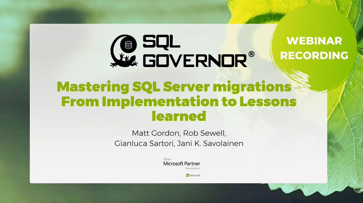 SQLgovernor's tweet image. "Be very prepared" and several other key learnings were shared in the fifth and final part of our Mastering SQL Server Migrations webinar series. Click to watch the webinar recording! sqlgovernor.com/webinar-librar…
#SQLServer
