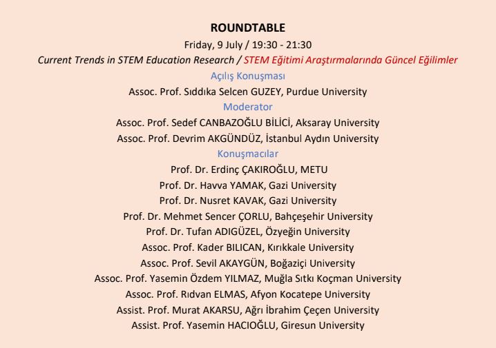 9 Temmuz 2021 tarihinde saat 19.30'da EJER Kongresinde <a href="/sedef_bilici/">Sedef Canbazoğlu Bilici</a> hoca ve değerli konuşmacıların katılımı ile "STEM Eğitimi Araştırmalarında Güncel Eğilimler" isimli bir yuvarlak masa toplantısı gerçekleştireceğiz. 
Akademisyen ve öğretmenleri bekleriz.
ejercongress.org/tr/