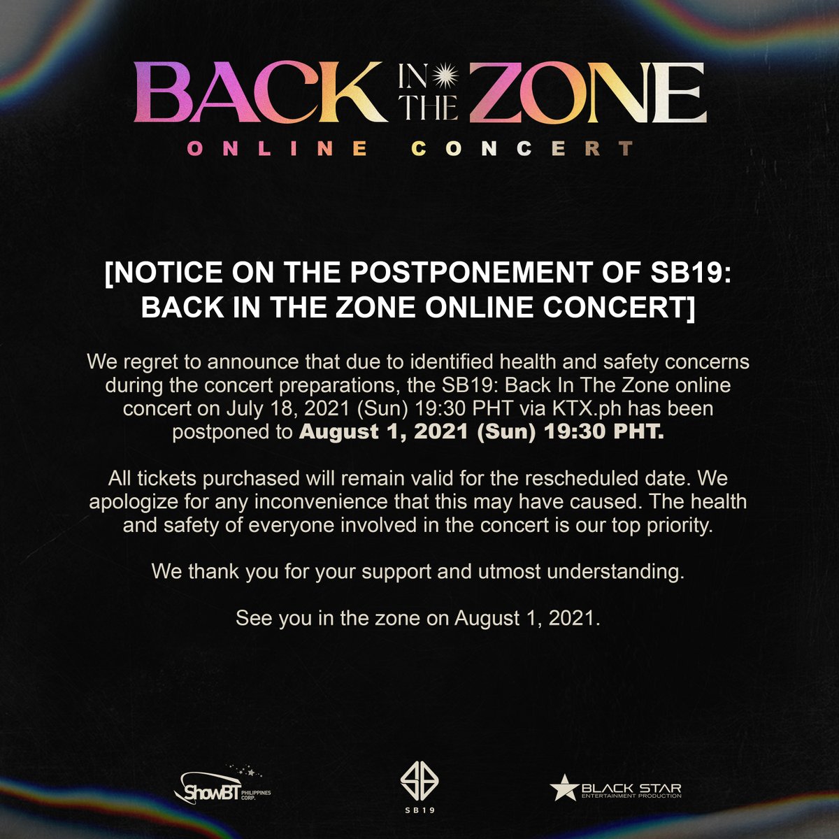 [NOTICE ON THE POSTPONEMENT OF SB19: BACK IN THE ZONE ONLINE CONCERT]

#SB19BackInTheZone