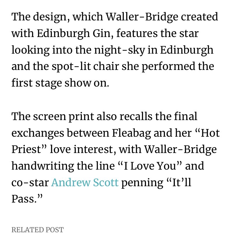 oocandrewscott's tweet photo. pwb has designed a fleabag gin - she wrote “i love you” and andrew scott has handwritten “it’ll pass” for the design 🥺 https://t.co/Q0aq6pjvEn