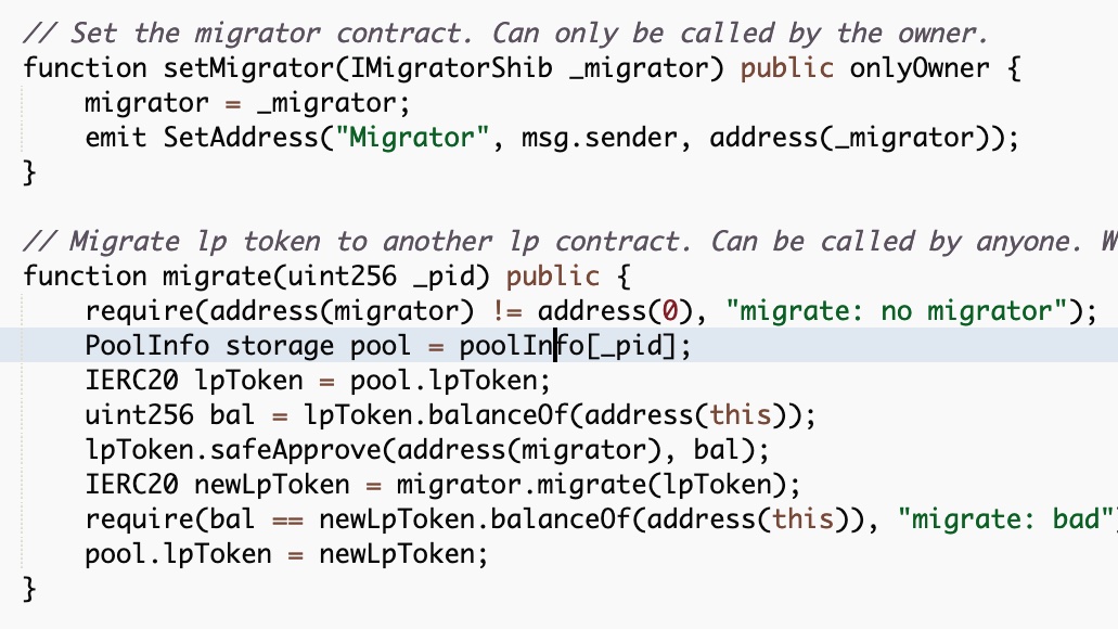 valentinmihov's tweet image. You think about aping into #ShibaSwap for 5000% APR? I will advice you to be cautious. The staking contract allows to migrate the deposited funds and it's currently owned by an EOA. TLDR: All the staked funds can be rugged by the devs at any moment #WarOnRugs 🚨