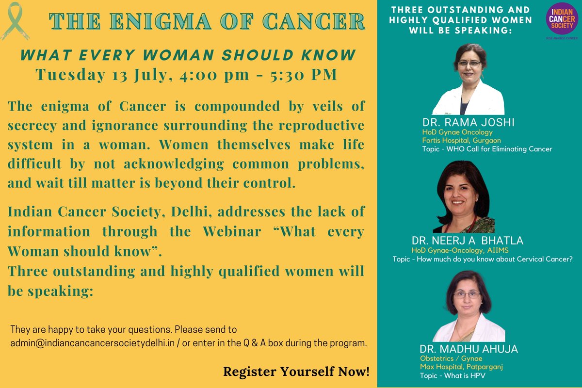 IndianCancerSoc's tweet photo. #registeryourself 
The Enigma of Cancer 
What every woman should know 🤔
Register in advance for this meeting. Or follow us on Facebook.
https://t.co/c9ioOIYLFE...
After registering, you will receive a confirmation email containing information about joining the meeting. https://t.co/vtzChoiPlm