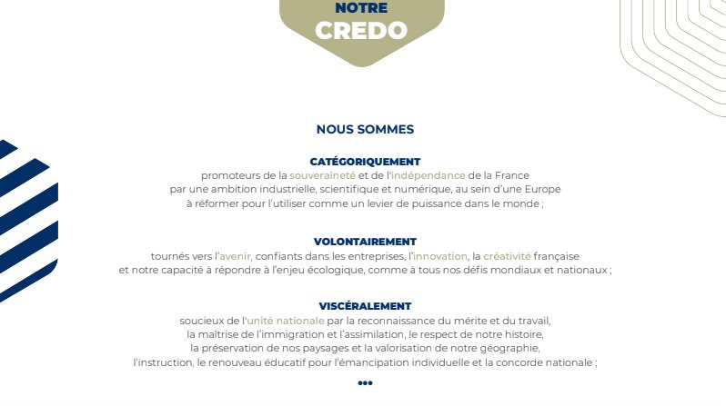 davidlisnard's tweet photo. Notre credo (7/11)

Nous sommes CATÉGORIQUEMENT promoteurs de la souveraineté et de l'indépendance de la France par une ambition industrielle, scientifique et numérique, dans une Europe à réformer pour l’utiliser comme un levier de puissance.
 ➡ https://t.co/Q3WgWP44D3

#NÉ https://t.co/t7vTO2JWOs