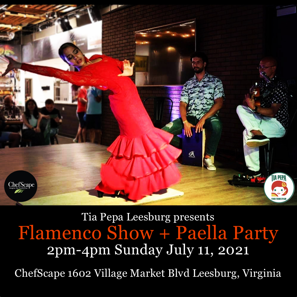 DCFlamenco's tweet image. Tia Pepa Spanish Restaurant presents "Paella Party + Flamenco Show" 2pm-4pm Sunday July 11, 2021 @chefscape 1602 Village Market Blvd in #Leesburg #VA featuring guitarist Miguelito, cajón player @kevanhg &amp;amp; flamenco dancer Mariana Gatto.