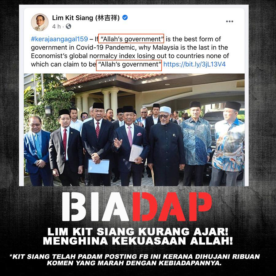 LokKohoPunoh's tweet photo. Lim Kit Siang bukan sahaja salah dan memutar belitkan maksud perkataan tersebut, malah beliau bertindak menghina 'kerajaan Allah' sebagai kerajaan gagal dalam melawan pandemik. Sudahlah memutar belit, menghina pula? #DAPRasis https://t.co/JvbQKzNI8r