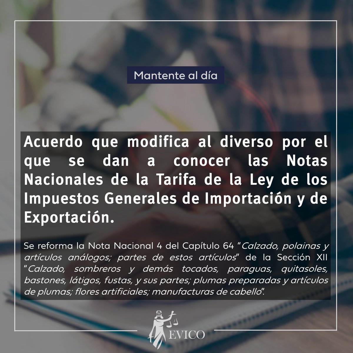 EVIConsultores's tweet photo. ⚠️ HOY EN EL DOF 06.07.2021
👉Acuerdo que modifica al diverso por el que se dan a conocer las Notas Nacionales de la Tarifa de la Ley de los Impuestos Generales de Importación y de Exportación.
🌐 https://t.co/my1fl4IsHY
#EVICO #ComercioExterior #TIGIE #NotasExplicativas #DOF https://t.co/KsGWtDqOVC