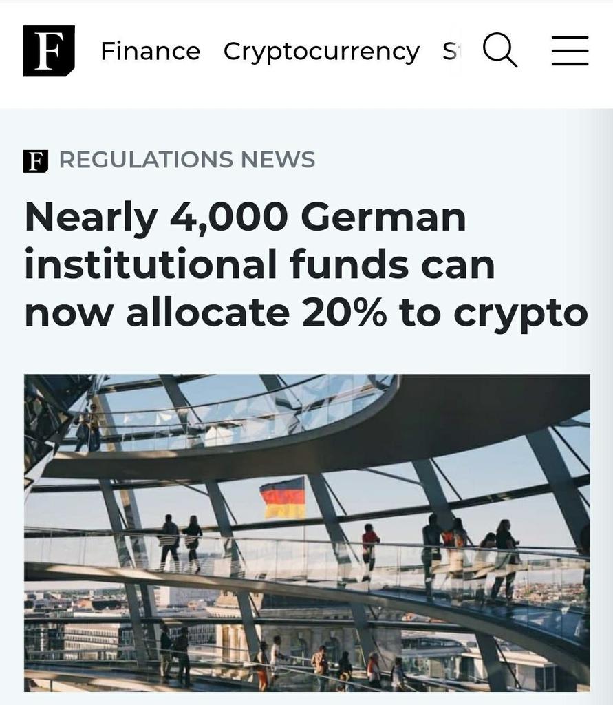 CH_CryptoHunter's tweet photo. ✅ Новый закон в Германии теперь позволяет почти 4000 институциональным фондам с активами под управлением около 2 триллионов евро инвестировать 20% своих портфелей в биткойны и другие криптовалюты. https://t.co/jwsL6mJG6q
