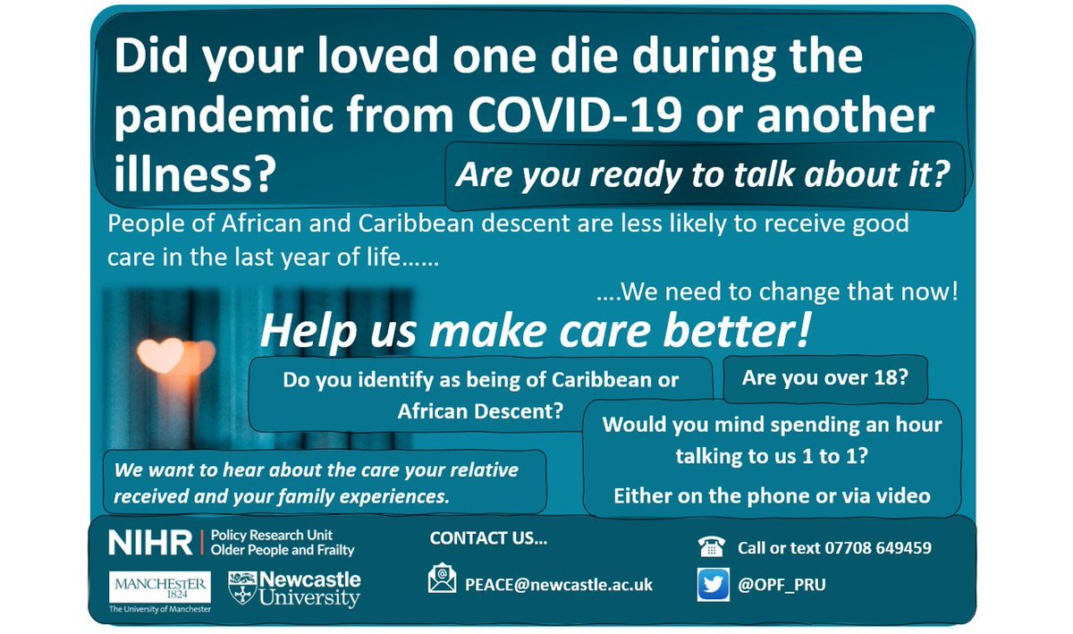 Looking for people of African and Caribbean descent bereaved during the pandemic. If you are ready to talk about it please get in touch and help us improve end of life care experiences for all. Please share <a href="/UK_PRC/">UK Palliative Trainee Research Collaborative</a> <a href="/neprra/">NEPRRA</a> <a href="/PCRScommittee/">PCRS</a> <a href="/DonnaWakefield_/">Donna Wakefield</a> <a href="/JonathanKoffman/">Jonathan Koffman</a> thanks