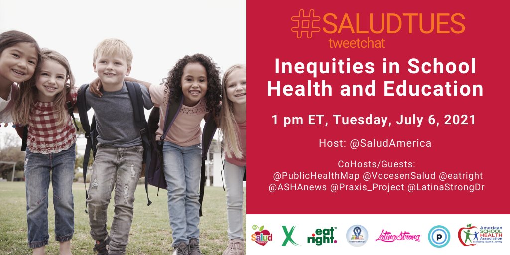 IN ONR HOUR! We're excited for <a href="/SaludAmerica/">Salud America!</a>'s monthly #SaludTues tweetchat where we’ll be discussing inequities in school health &amp; education. 🏫⚕️🧑🏽‍🎓<a href="/WeisJuliaE/">Julia Weis</a> @VocesenSalud <a href="/LatinaStrongDr/">LATINASTRONG®️</a> <a href="/eatright/">eatright</a> <a href="/ASHAnews/">American School Health Association</a> <a href="/Praxis_Project/">The Praxis Project</a> <a href="/ChangeLabWorks/">ChangeLab Solutions</a> #Inequities #SchoolHealth #Education
