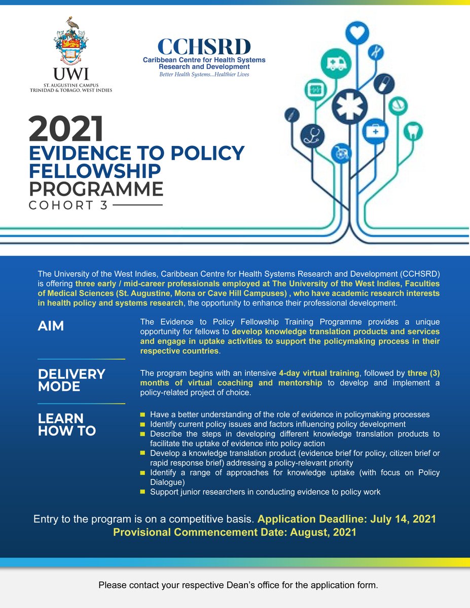 CCHSRD UWI St. Augustine (@cchsrd_uwista) on Twitter photo Interested in getting your research findings into policy?
Are you a researcher @FMSUWISta, <a href="/uwimedsci/">Faculty of MedSci</a> or <a href="/UWI_CaveHill/">The UWI Cave Hill Campus</a>? Contact your Dean’s Office about CCHSRD’s Evidence to Policy Fellowship Training Programme. Interested in getting your research findings into policy?
Are you a researcher @FMSUWISta, <a href="/uwimedsci/">Faculty of MedSci</a> or <a href="/UWI_CaveHill/">The UWI Cave Hill Campus</a>? Contact your Dean’s Office about CCHSRD’s Evidence to Policy Fellowship Training Programme.
