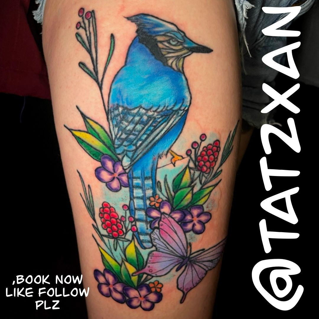 Blue Jay tattoo with traditional flowers by Matt Nemeth  Blue jay bird  Birds tattoo Pattern tattoo