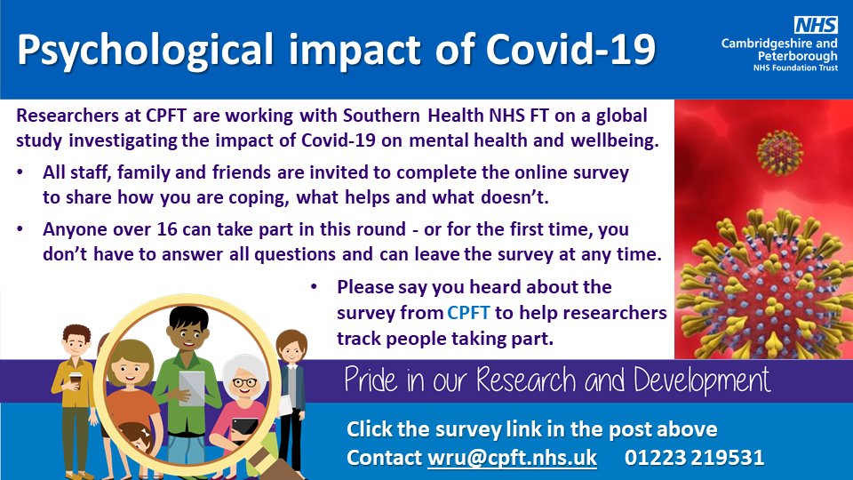 📣 Share how the #COVID19 pandemic has affected your #MentalHealth &amp; wellbeing in round 3⃣ of this global survey with <a href="/CPFT_NHS/">CPFT</a> <a href="/SHFT_Research/">Research and Innovation - HIOWH</a>.
Anyone 16+ in the UK can take part with CPFT, all experiences &amp; views needed to improve support for everyone: ➡️ bit.ly/3hlHr8c