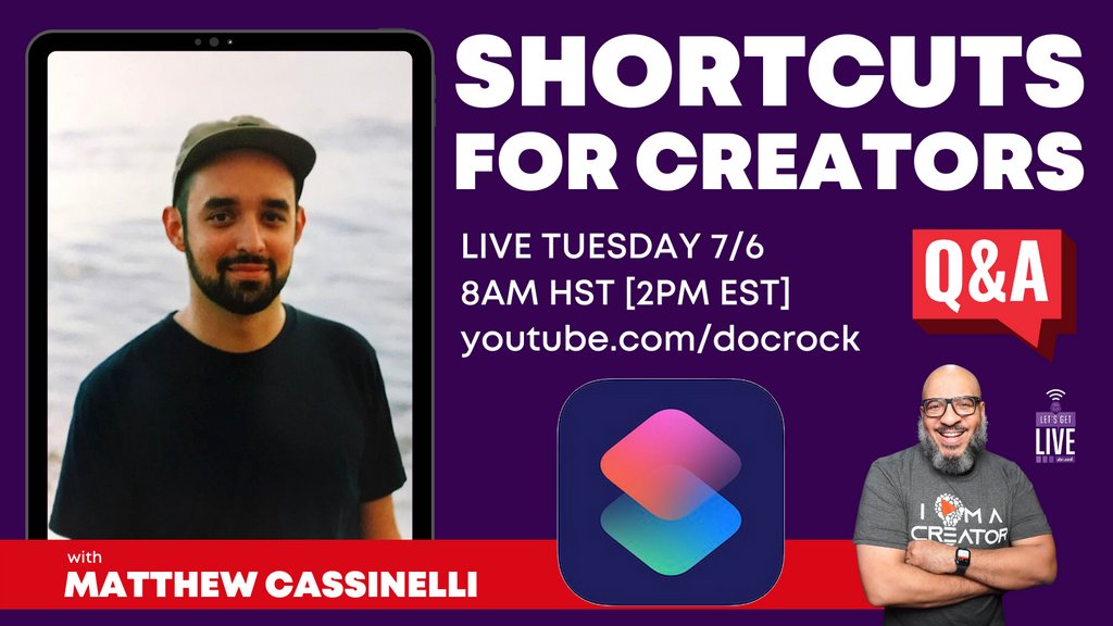 docrock's tweet photo. Today!!  Join me as I chat w/ @MattCassinelli about automation using Shortcuts especially related to being a content creator. There may be some building live too 😇

Matthew is Cohost of #SmartTechToday on @TWiT and runs @CassinelliMedia

Link: https://t.co/s410BPTJw5 https://t.co/rMRmR4BsJm