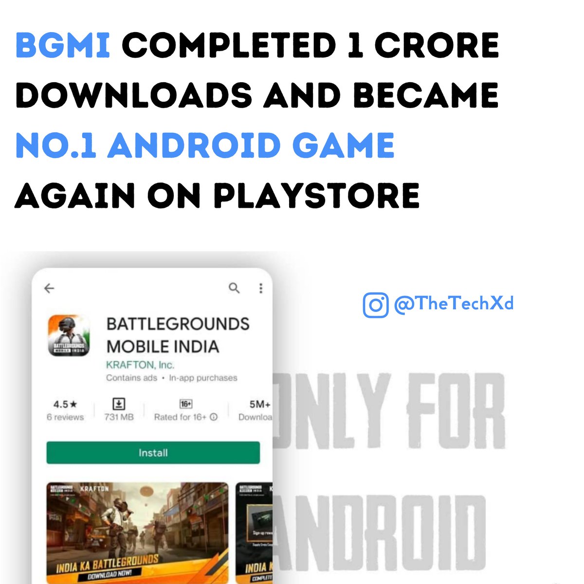 TheTechxD's tweet photo. Battlegrounds Mobile India has surpassed 10 Million downloads on the Google Play store in just a few days.

.
.
.
.
.
#BGMI #battelgroundmobileIndia #battelgroundsmobileIndia #pubgIndia #TechBurnerTeam #BurnerBits #playstore #games #esports #PUBGIndia #PUBGM #PUBG #PUBGMobile https://t.co/PK72f6VKpy
