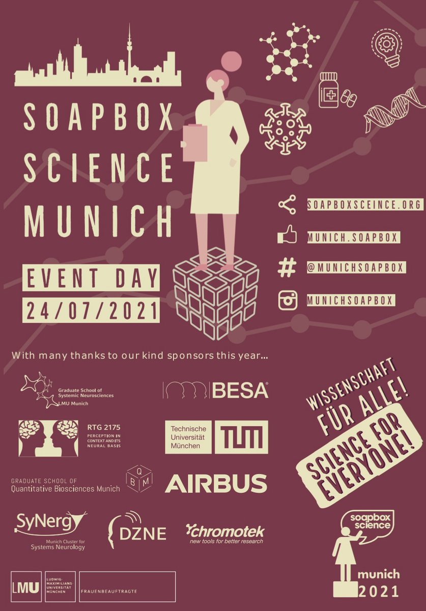 📢Come join us with your friends on July 24 at Max Joseph Platz for a fun science evening! 
We are grateful to all our sponsors for making this event possible.
<a href="/LMU_Muenchen/">Universität München</a> (GSN), <a href="/MunichQbm/">QMB Munich</a>, @SyNergy_Cluster, @DZNE_de, <a href="/ChromoTekGmbH/">ChromoTek</a> <a href="/Airbus/">Airbus</a>, <a href="/TU_Muenchen/">TU München</a>, <a href="/BesaGmbh/">BESA GmbH</a> &amp; RTG 2175