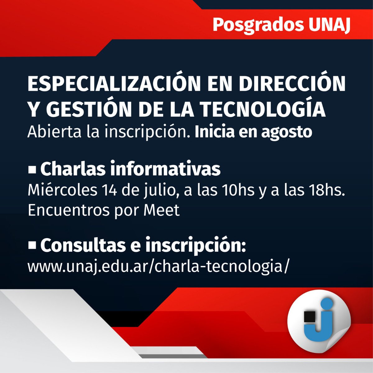 G_Balbo's tweet photo. 📅Próximo miercoles 14 de julio, 10h y/o 18h te contamos sobre nuestra
🎓#Especialización en #Dirección y #Gestión de la #Tecnología
@iiaunaj @UNAJ_oficial
#Industria40 #VTIC #BIGdata #CVGs #innovación #Estrategia #Marketing #Ingenieria
Te esperamos! https://t.co/U3vYYavkHW