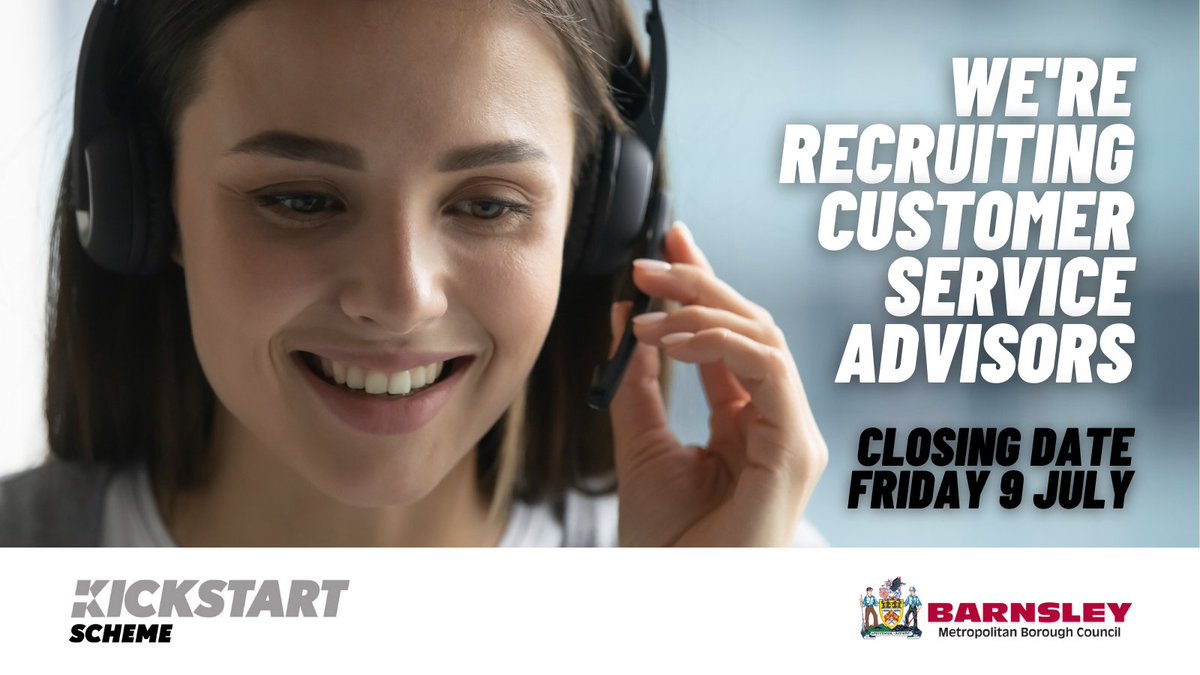 We're recruiting ten Customer Service Advisors through the government's Kickstart Scheme. This opportunity is for people aged 16 to 24 who are unemployed and receive Universal Credit. To apply, speak to your Work Coach, email employmentsupport@barnsley.gov.uk or call 01226 775100