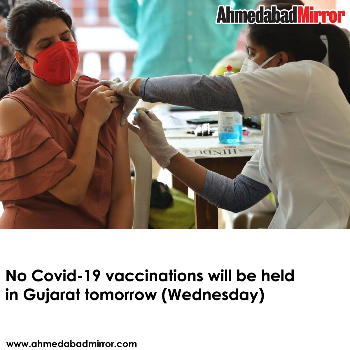 ahmedabadmirror's tweet photo. No Covid-19 #vaccinations will be held in #Gujarat tomorrow (Wednesday) on account of #MamataDivas and due to insufficient stock of #coronavirus vaccine. https://t.co/USNBsTzQN2