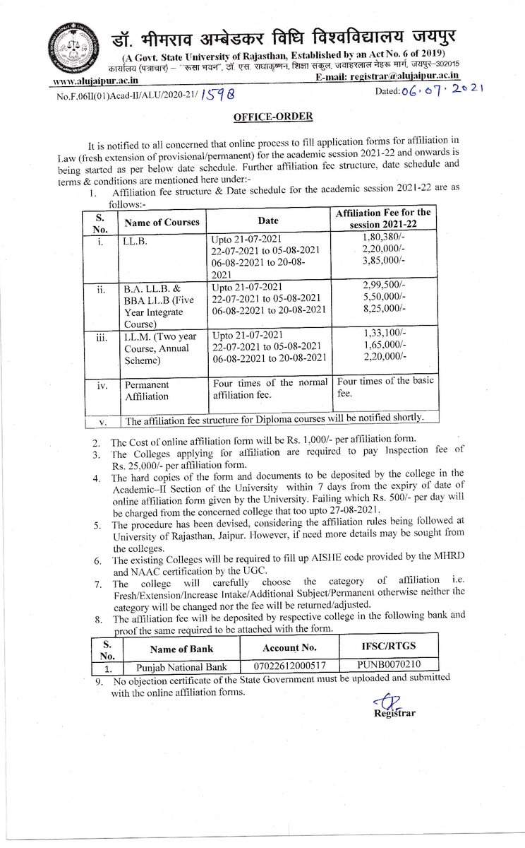 Proposals for Affiliation for the Academic Session 2021-22 and onwards invited online  - An era of transformation in legal education in Rajasthan begins.
<a href="/ashokgehlot51/">Ashok Gehlot</a> <a href="/KalrajMishra/">कलराज मिश्र (Kalraj Mishra)</a> <a href="/BSBhatiInc/">Bhanwar Singh Bhati</a> <a href="/drsubhashg/">Dr. Subhash Garg</a>  <a href="/alujaipur/">Dr. Bhimrao Ambedkar Law University, Jaipur</a> #alujaipur