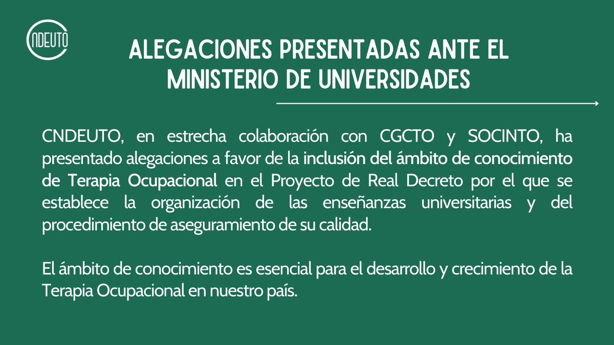 Las organizaciones de #TerapiaOcupacional, <a href="/ConsejoTO/">Consejo Gral de Colegios Terapeutas Ocupacionales</a>, @CNDEUTO y <a href="/sociedadsocinto/">Socinto #TerapiaOcupacional</a>  seguimos trabajando juntas para conseguir que @universidadgob reconozca el ámbito de conocimiento para #TerapiaOcupacional #UniónTO