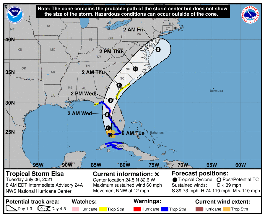NHC_Atlantic's tweet photo. 8am EDT 6 July -- Tropical Storm #Elsa continues to produce heavy rainfall, primarily east of the center, over portions of Cuba &amp; the Florida Keys. Flash flooding and mudslides remain an ongoing threat for these areas this morning.

Latest: https://t.co/905zOAYiId https://t.co/SUtxFF3KuB