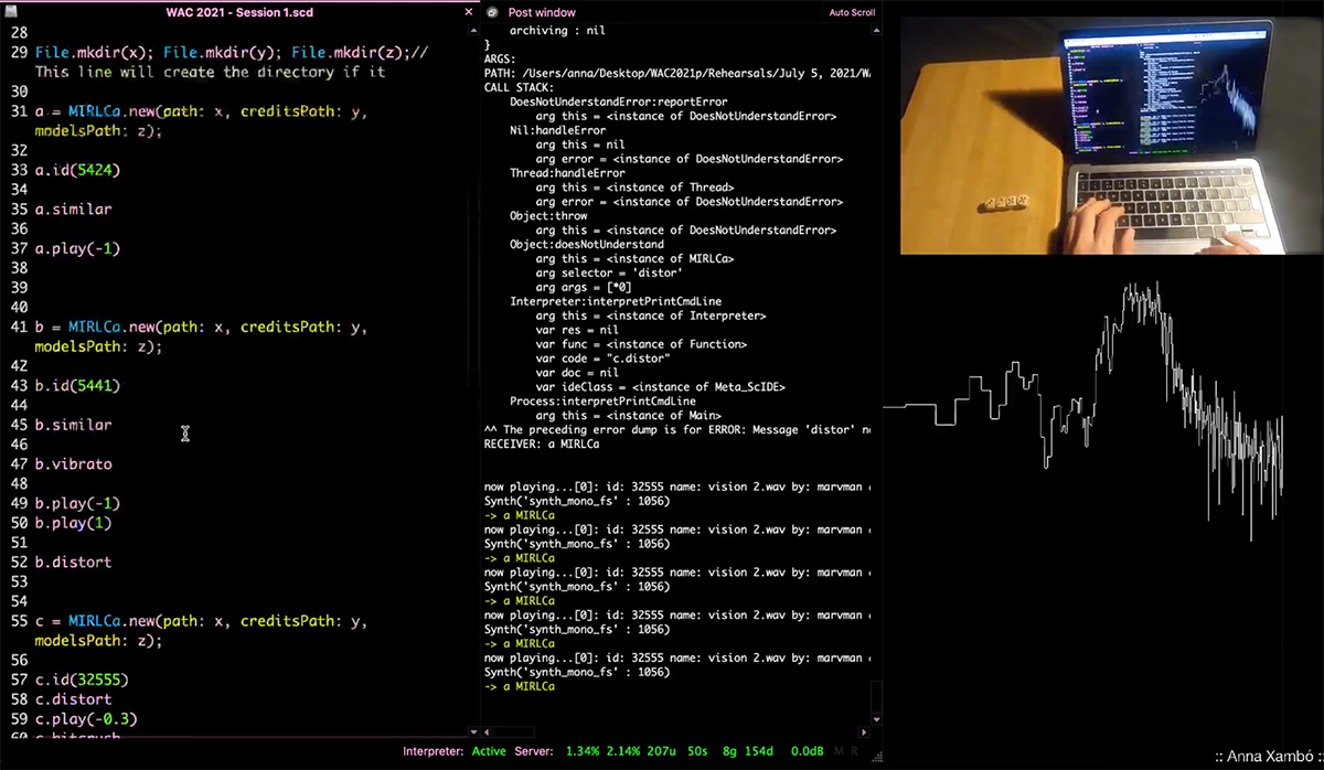 Today I'm performing #MIRLCa #livecoding #WAC2021 The second session will be this afternoon from 5.30pm to 6.30pm (CEST) in Zoom, sharing the bill w/ Floop Jam by <a href="/gerard/">Gerard Roma</a>, Frederic Font and António Ramires. It will be a Freesound session! <a href="/freesounddev/">Freesound</a>