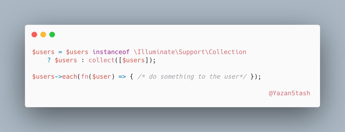 YazanStash's tweet image. A nice little trick I sometimes use to get rid of conditionals in my code is to utilize @laravelphp awesome collections, an added advantage to this is turning the cardinality of the code to more than 1 is super simple. #php_tips