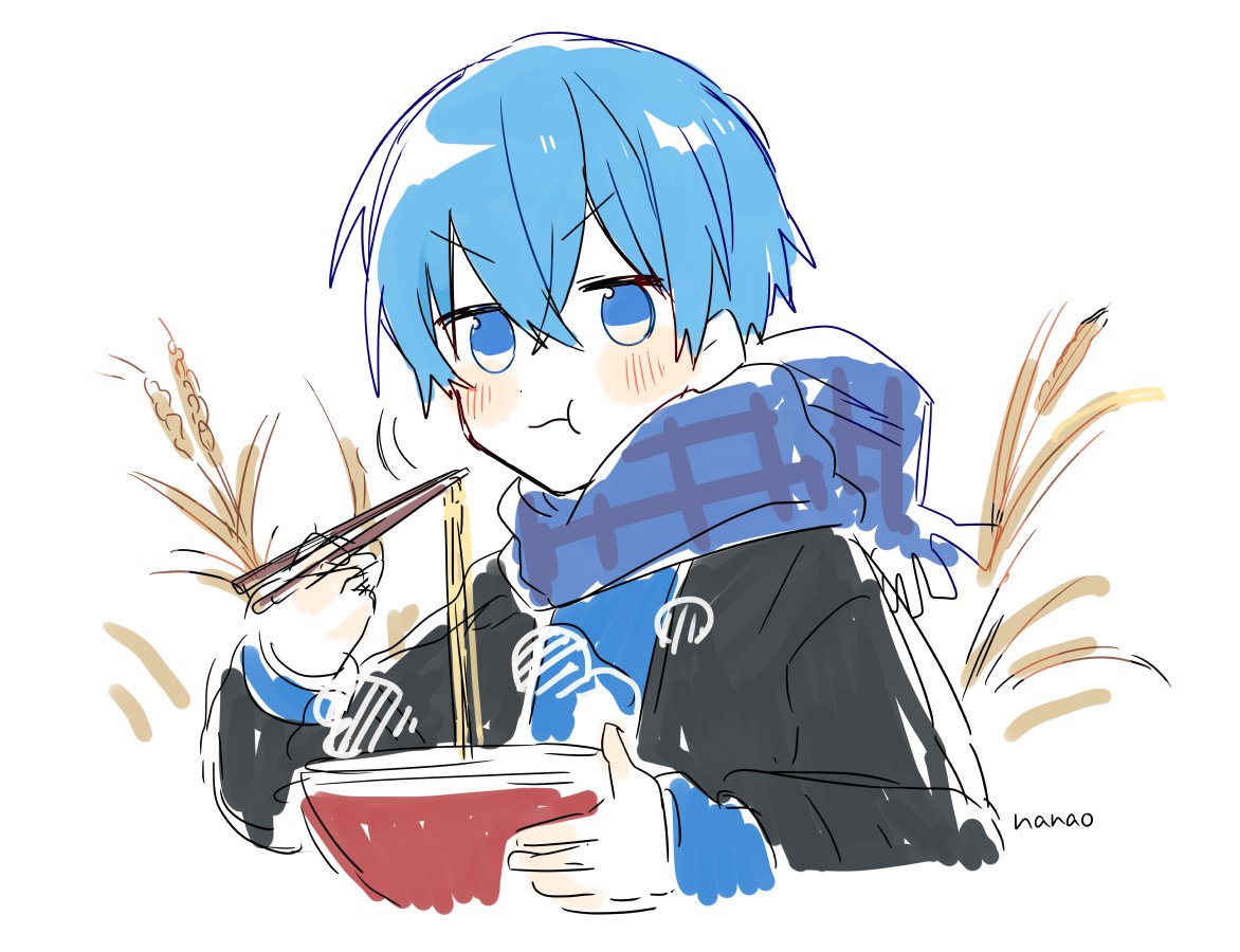 kaito (vocaloid) male focus 1boy scarf blue scarf blue eyes blue hair eating  illustration images