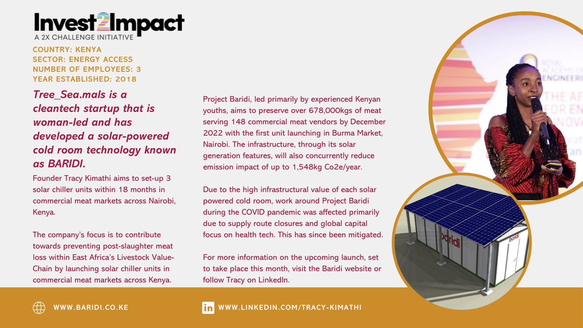 invest2impact's tweet photo. #Invest2Impact Profile/ @MalsLtd is a #cleantech startup, woman-led & has developed solar-powered cold room technology known as #BARIDI. Its focus is to contribute towards preventing post-slaughter meat loss within East Africa’s Livestock Value-Chain. #ProjectBaridi https://t.co/qMzRbxBM53