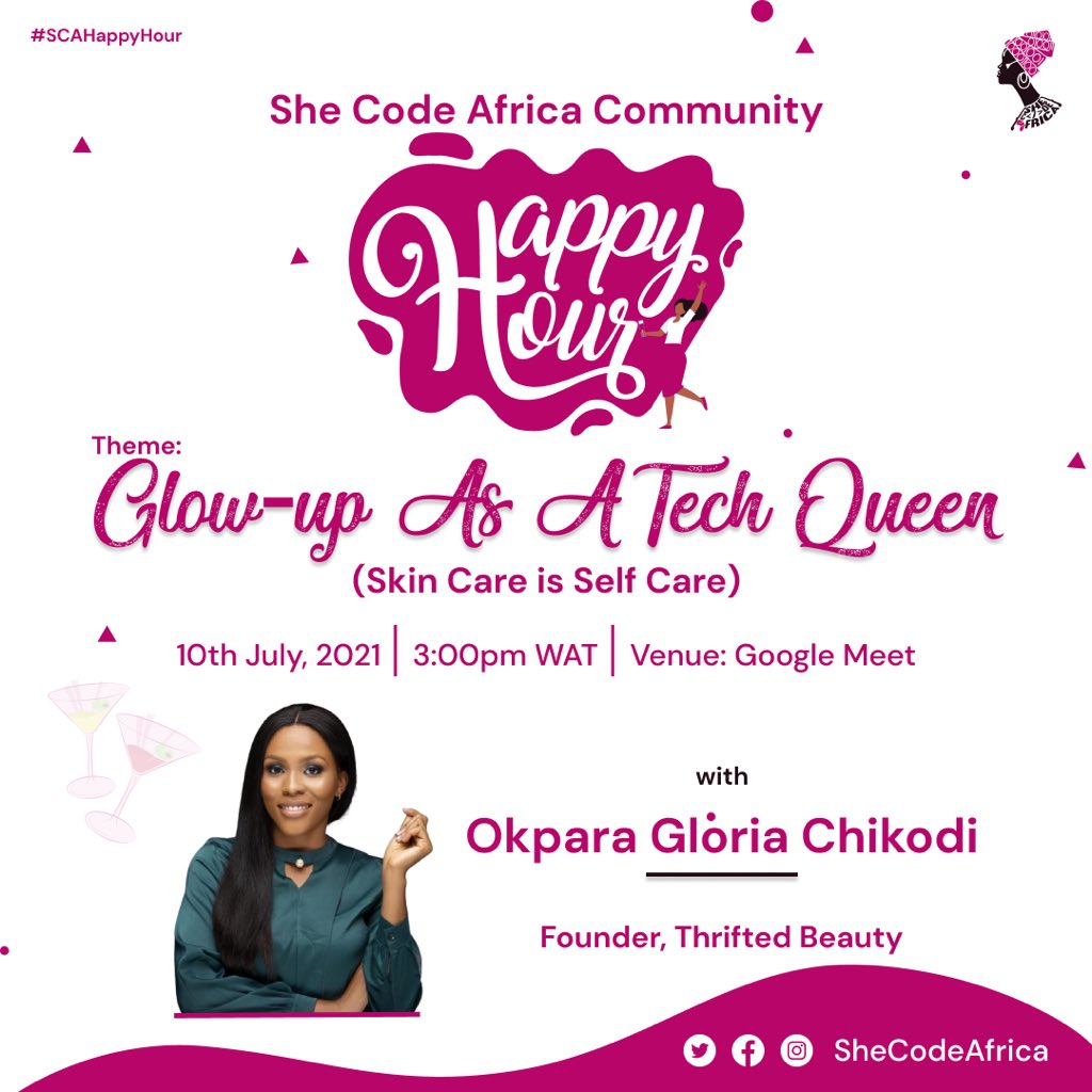SheCodeAfrica's tweet photo. Roses are red...
Violets are blue....
Filters are great, but great skin is better.
As a tech queen, you deserve a glowing skin. Come hang out with us this Saturday by 3:00pm, with @theonlychiko1. Come learn how to treat your skin with love.
#SCAHappyHour https://t.co/qcxxiJL3TP