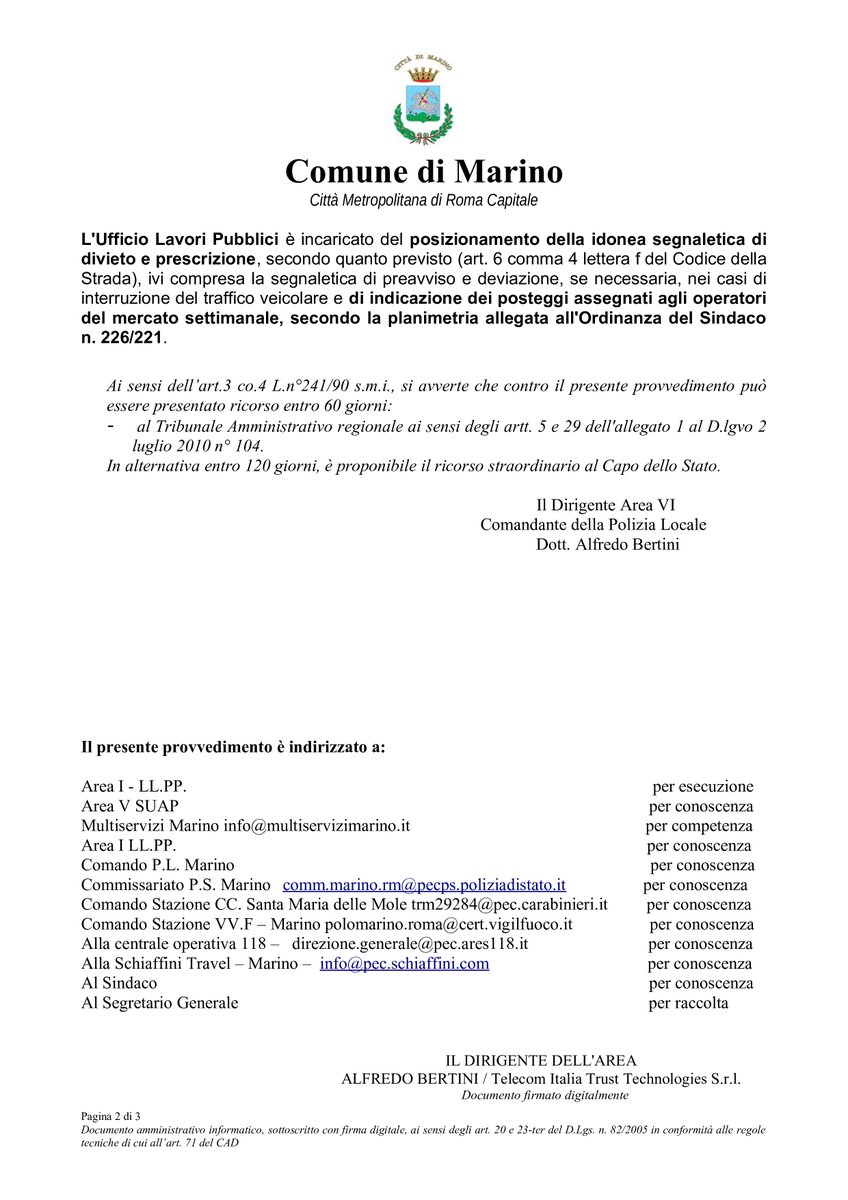 ATTENZIONE: Domani 07.07 in vigore 2 ord.: n. 220 istituisce divieto di sosta con rimozione in S M Mole per effettuare la pulizia stradale e il taglio erba;
226 :istituisce dal 07.07 il divieto di transito e sosta con rimozione in V. De Pretis per spostamento mercato Frattocchie