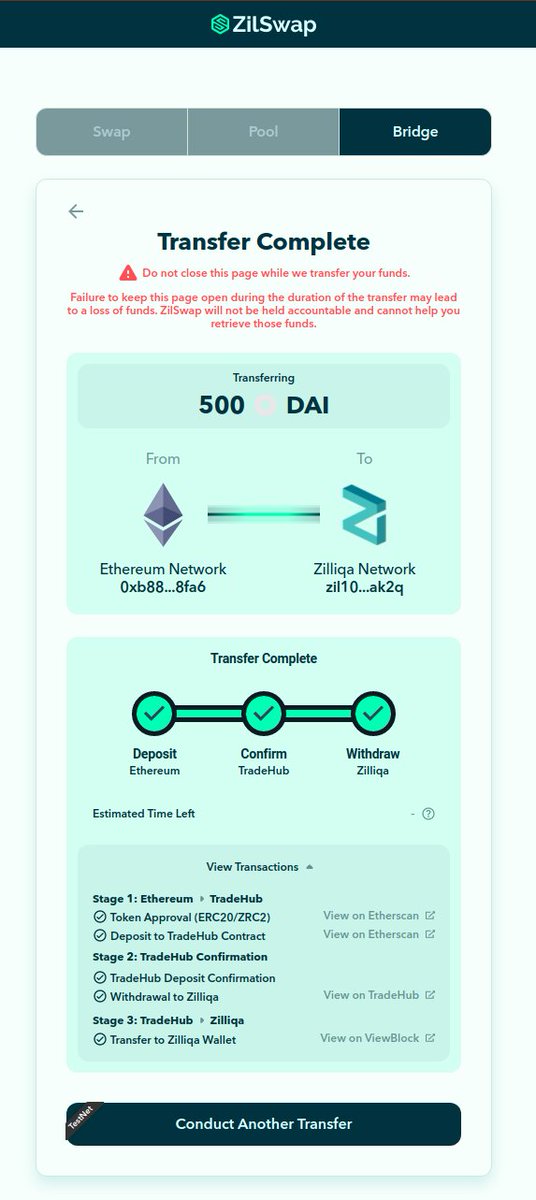 Bridging Ethereum Ropsten testnet $Dai algorithmic stablecoin over to #Zilliqa testnet. Very simple and intuitive! 

$ZIL    ╦═════╦   $ETH