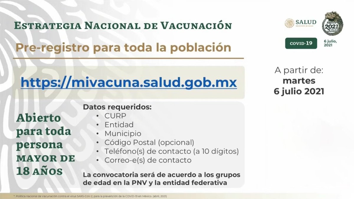 HLGatell's tweet photo. A partir de hoy se abre el registro a todas las personas mayores de 18 años para la vacunación contra #COVID19. La plataforma es https://t.co/g8mJgOVB0z. https://t.co/5IcnD3UJJC