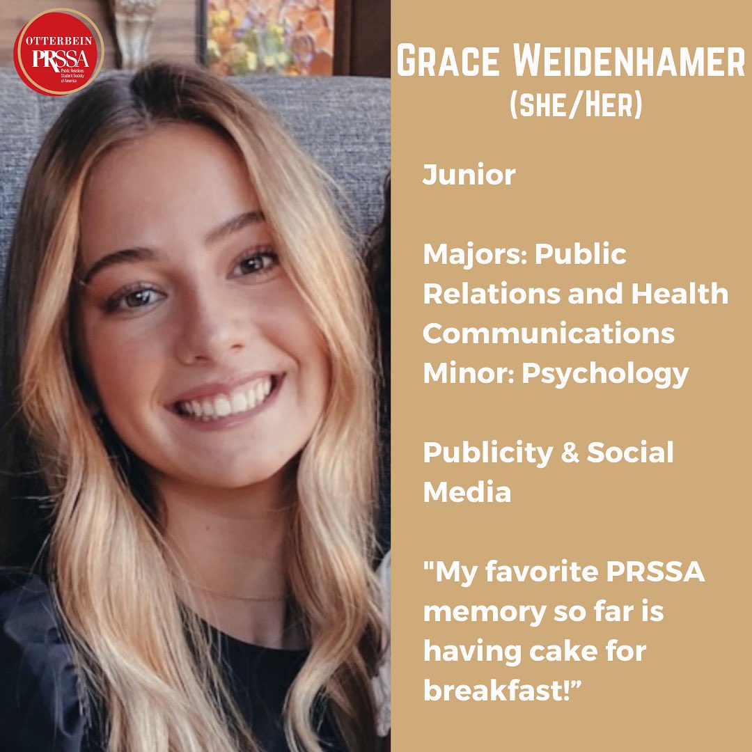 Introducing our 2021-2022 PRSSA Executive Board. 

Last but not least, is our new Social Media and Publicity chair, Grace!

This new board is excited to bring fresh ideas and opportunities to the Otterbein PRSSA chapter. 

Go Cards!