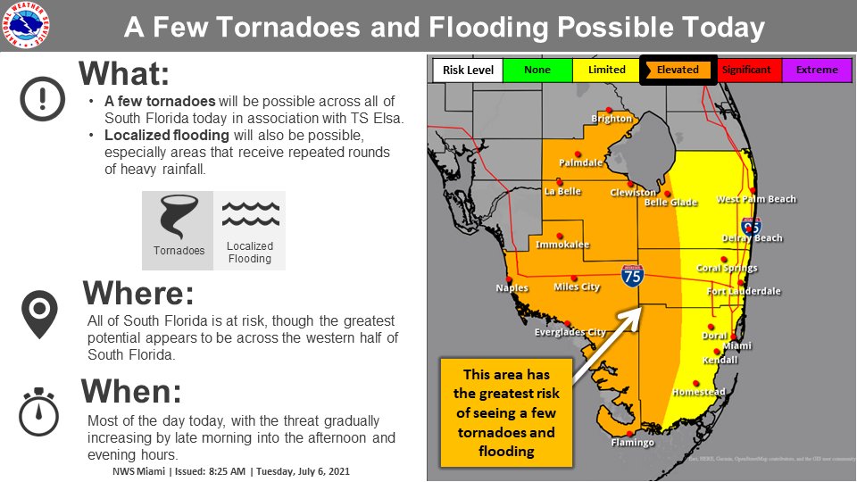 NWSMiami's tweet image. 7/6 @ 8:30 AM - Heads up South Florida! A few tornadoes and localized flooding will be possible today in association with TS #Elsa. The threat will gradually increase through the day and persist into the evening hours. Keep up with the latest information from NWS Miami! #FLwx