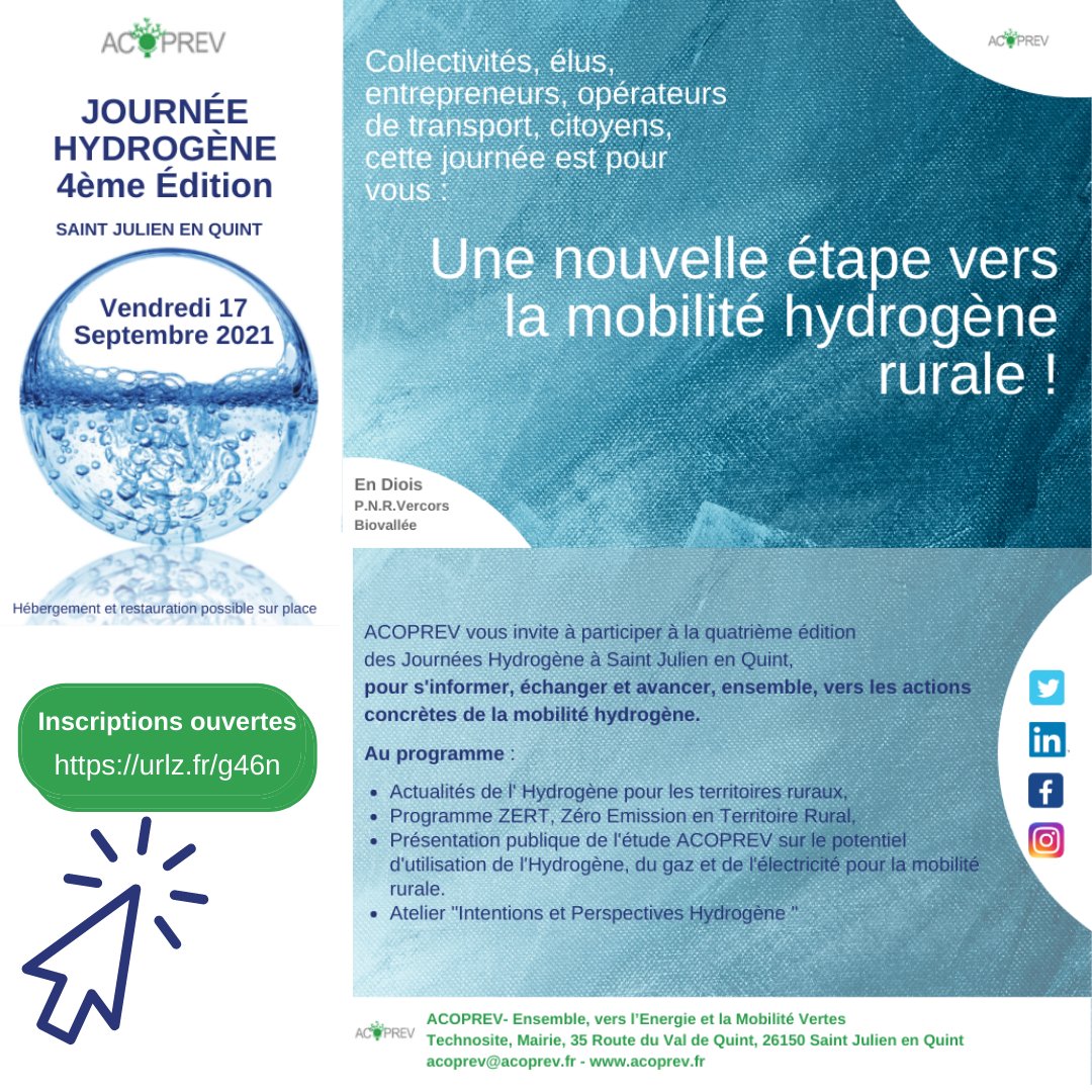 JOURNÉE HYDROGÈNE
à St Julien en Quint,
c'est parti pour la 4 éme édition 
le vendredi 17 septembre 2021. 
<a href="/auvergnerhalpes/">Auvergne-Rhône-Alpes</a>  <a href="/CNR_Officiel/">CNR</a> @TENERRDIS <a href="/CARAcluster/">CARA Cluster</a> <a href="/energiesded/">territoire d’énergie Drôme-SDED</a> <a href="/lesra/">Denise Ramon</a>  @pnrVercors #diois #biovallée <a href="/Proviridis/">Proviridis</a> <a href="/EnerKa_Conseil/">EnerKa</a> #hydrogene