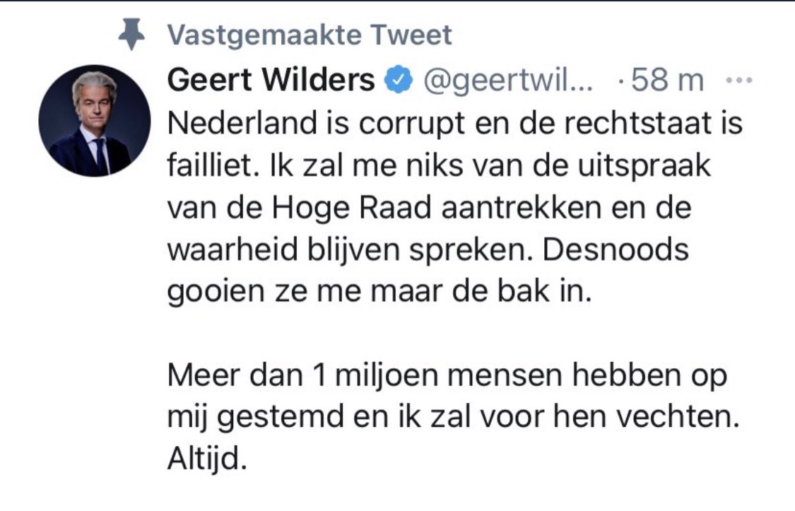 sanderja's tweet image. Dat 1 miljoen mensen op u stemmen wil niet zeggen dat u boven de wet staat, meneer #Wilders. Die wet is gewoon toegepast zoals dat bij iedereen zou gebeuren en bewijst juist dat de rechtsstaat (2 s-en) functioneert. De rechtsstaat beschermt tegen de autocratie die u voor staat.