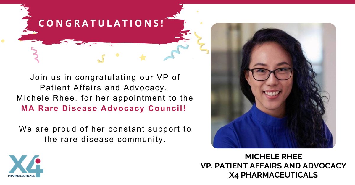 X4Pharma's tweet photo. Join us in congratulating our VP of Patient Affairs and Advocacy, @MicheleRhee, for her appointment to the MA Rare Disease Advocacy Council, established to better represent people with #RareDiseases in their communities. Learn about the #RDACs here: https://t.co/cEPWisBHWP https://t.co/Tyj09Arr6Z